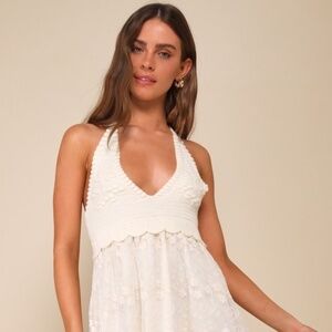 Lulus Always So Angelic Cream Knit Mesh Embroidered Halter Mini Dress White